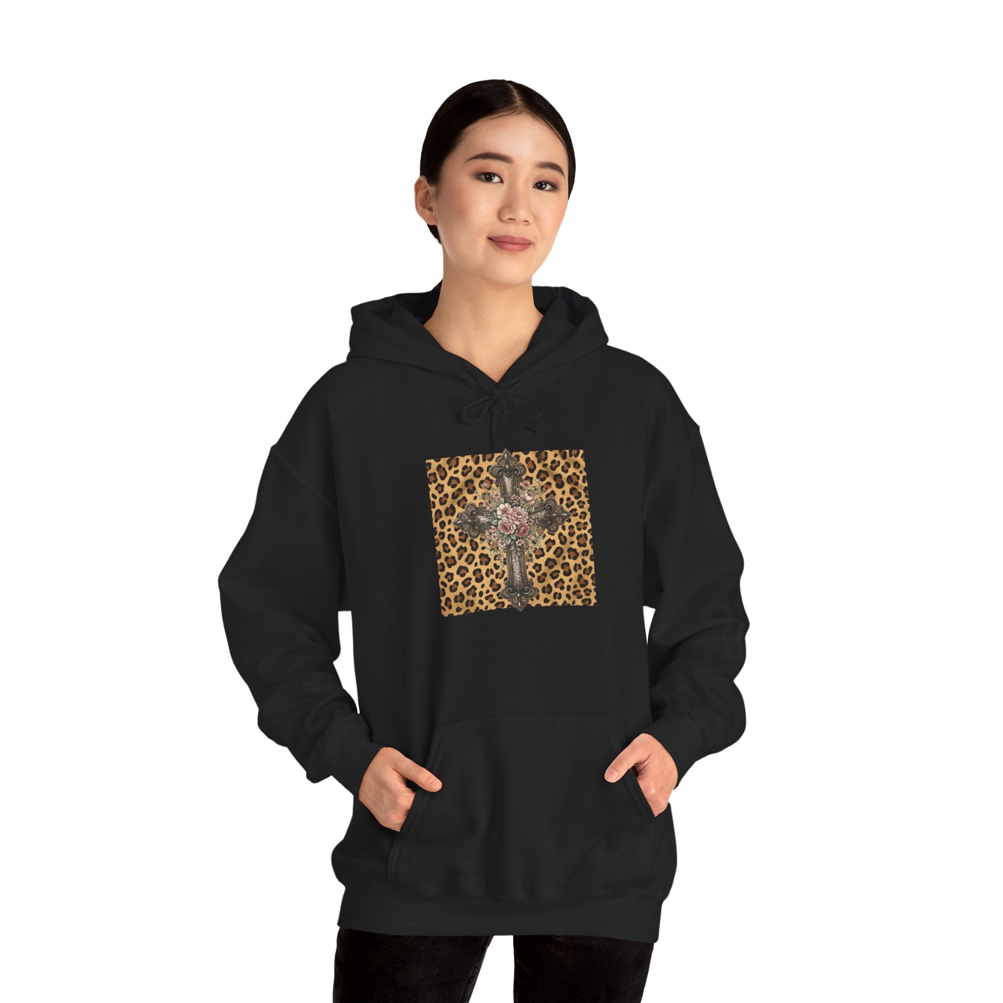 Leopard Cross Graphic Hoodie | Floral Rosary Crucifix Design