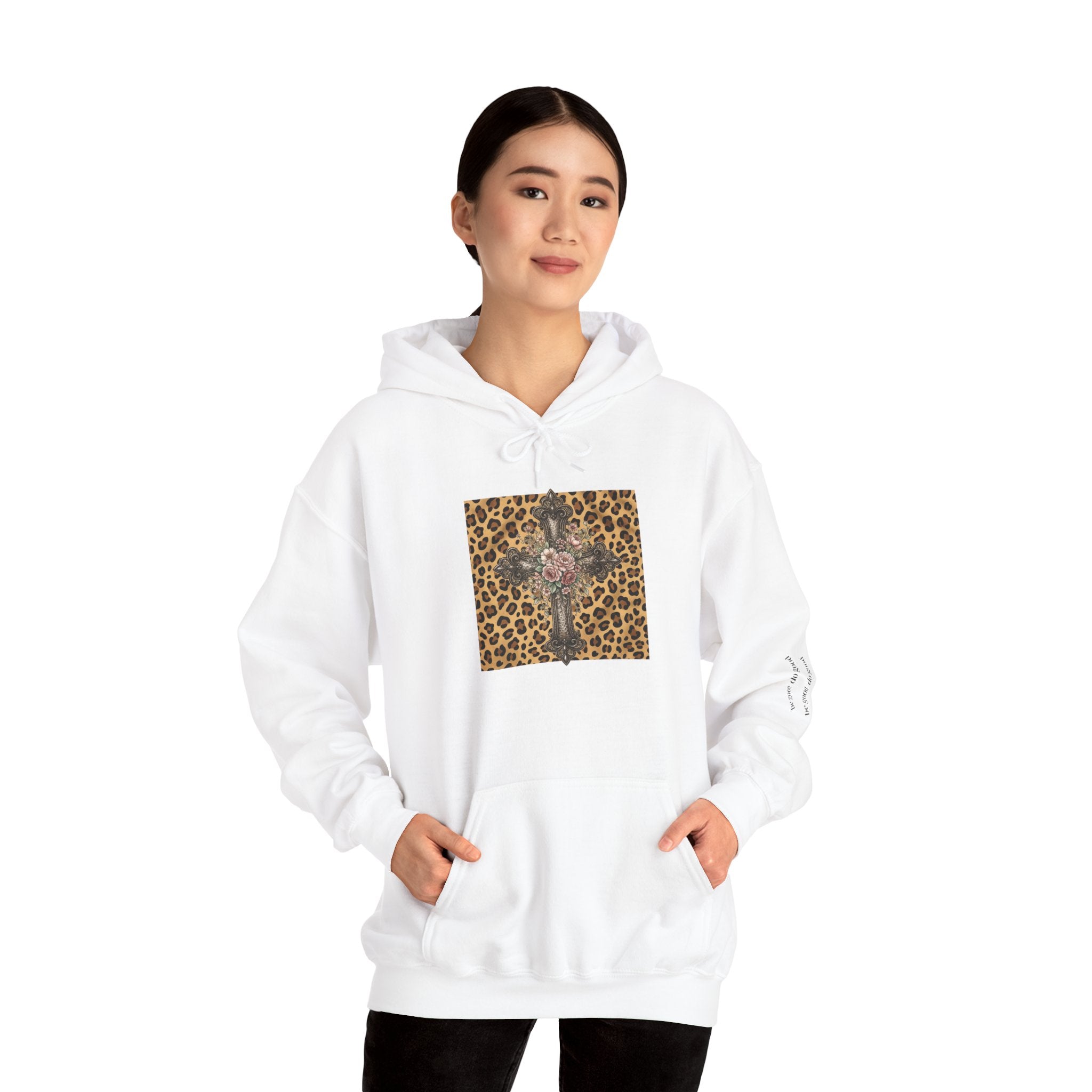 Leopard Cross Graphic Hoodie | Floral Rosary Crucifix Design