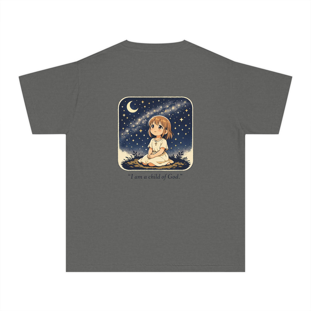 Youth Tee — "I Am a Child of God" Cute Starry Night Illustration
