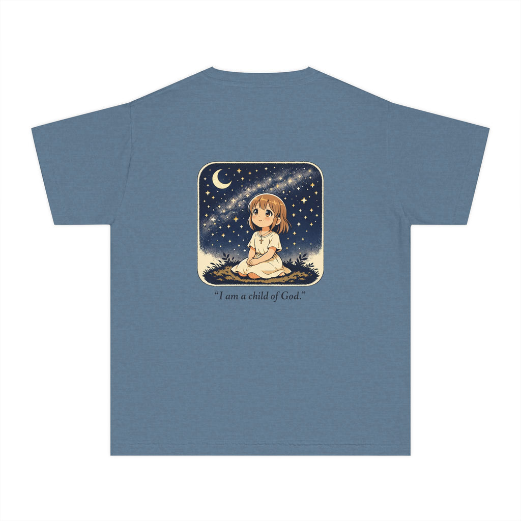 Youth Tee — "I Am a Child of God" Cute Starry Night Illustration